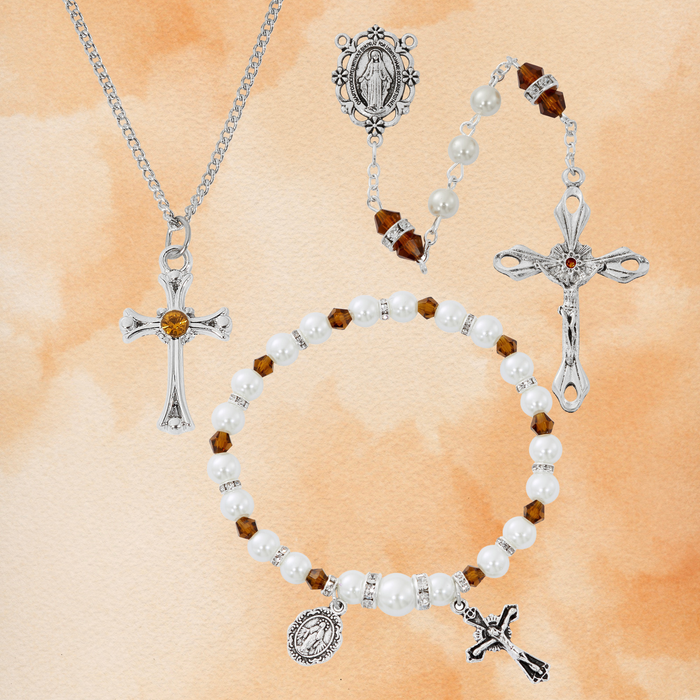 Cross Necklace, Pearl Rosary Bracelet And Pearl Rosary - November Birthstone Topaz Gift Set