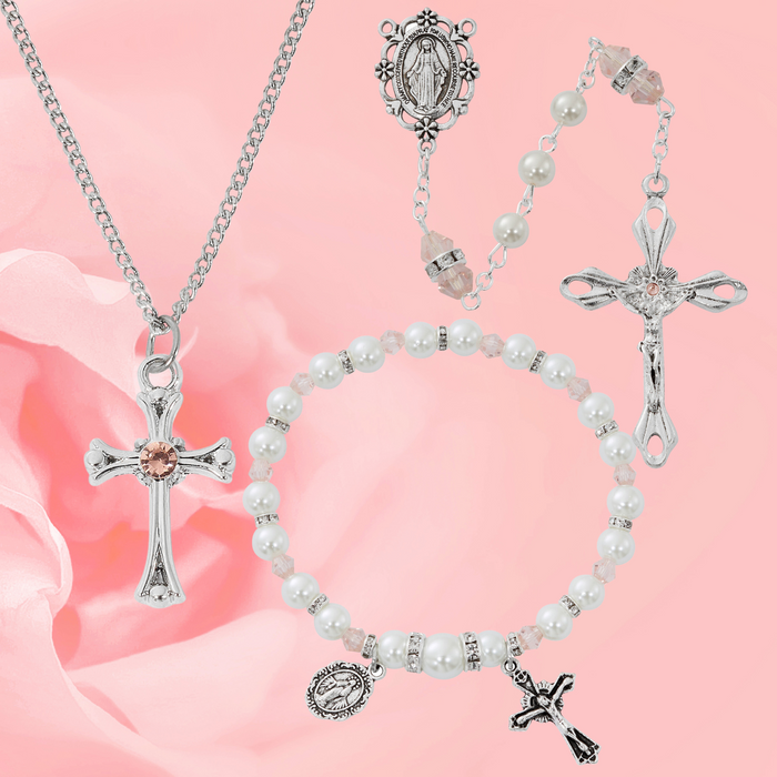 Cross Necklace, Pearl Rosary Bracelet And Pearl Rosary - October Birthstone Rose Gift Set