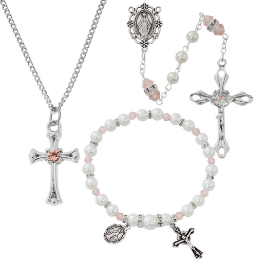 Cross Necklace, Pearl Rosary Bracelet And Pearl Rosary - October Birthstone Rose Gift Set