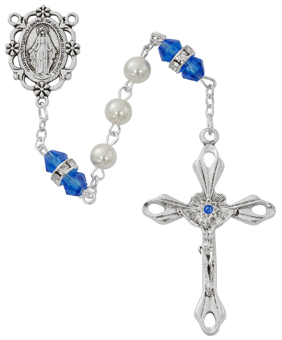 Cross Necklace, Pearl Rosary Bracelet And Pearl Rosary - September Birthstone Sapphire Gift Set