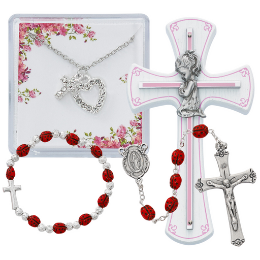 Crystal Cross Heart Necklace, Red Lady Bug Rosary, Lady Bug Cross Bracelet And Girl White Cross - Girls Youth Gift Set