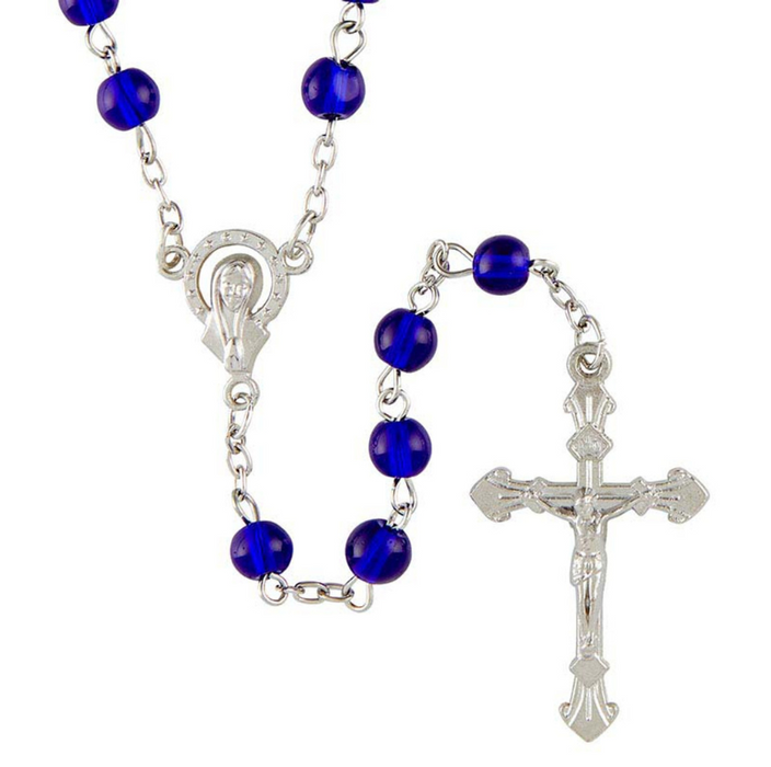 Dark Blue Glass Bead Rosary with Madonna Centerpiece - 12 Pieces Per Package