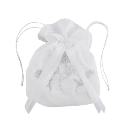 First Communion White Satin Floral Drawstring Purse