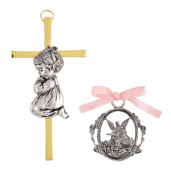 Girl Cross with Guardian Angel Crib Medal Set