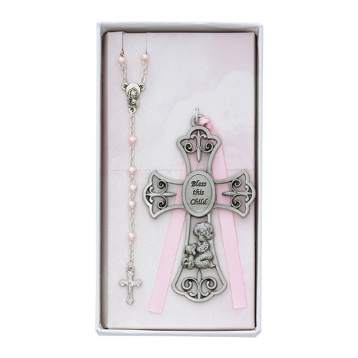 Girl's Pewter Cross and Pearl Rosary Set - Pink Baptism Gift Ideas Gifts for Baby Baby Shower gifts