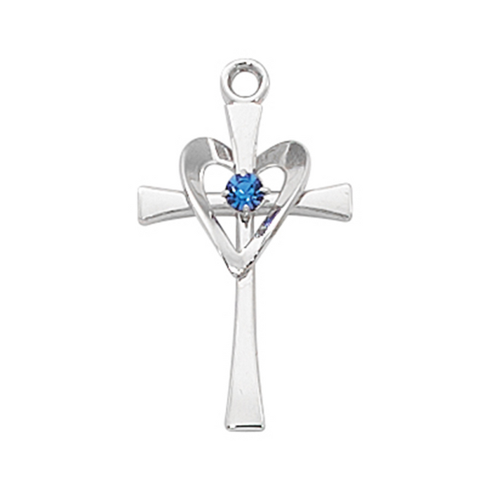 Heart Cross in Sterling Silver w/ Blue Glass Stone and 18" Rhodium Plated Chain