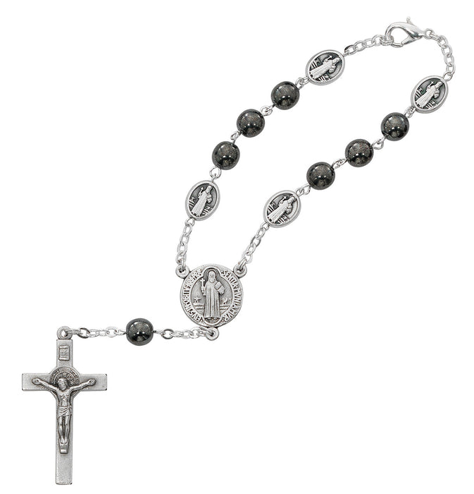 Hematite Beaded Rosary, Hematite Auto Rosary And Holy Card with Crucifix - St. Benedict Father's Day Gift Set