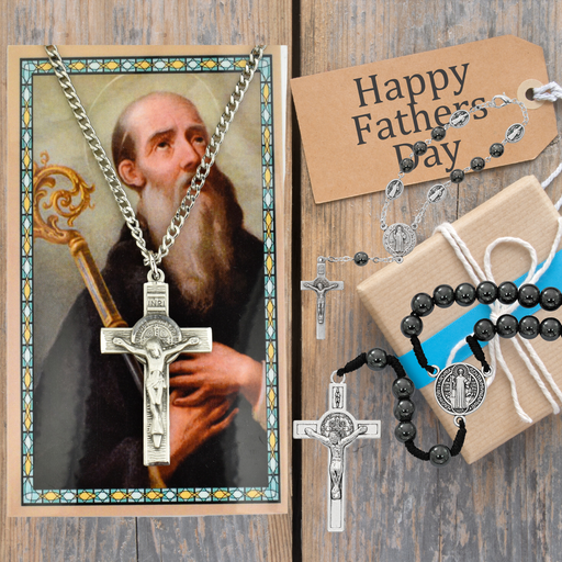 Hematite Beaded Rosary, Hematite Auto Rosary And Holy Card with Crucifix - St. Benedict Father's Day Gift Set