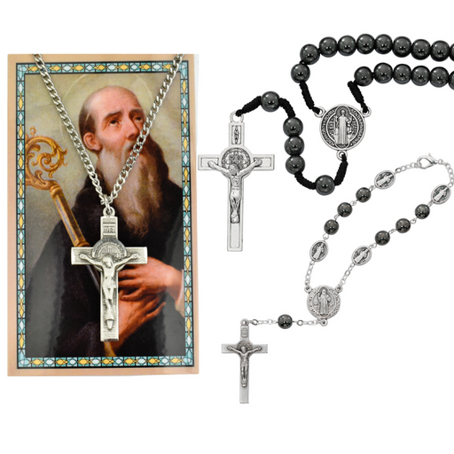 Hematite Beaded Rosary, Hematite Auto Rosary And Holy Card with Crucifix - St. Benedict Father's Day Gift Set