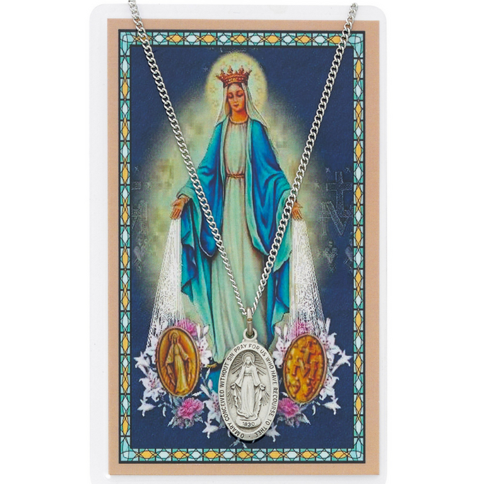 Laminated Holy Card Blessed Virgin Mary with Medal and 18" Silver Tone Pewter Chain Prayer Cards Catholic Gifts Catholic Presents Prayer Cards for Protection Holy Cards