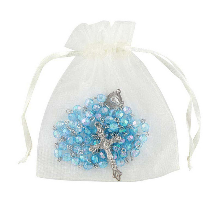 Light Blue Crystal Acrylic Bead Rosary with Madonna Centerpiece - 12 Pieces Per Package