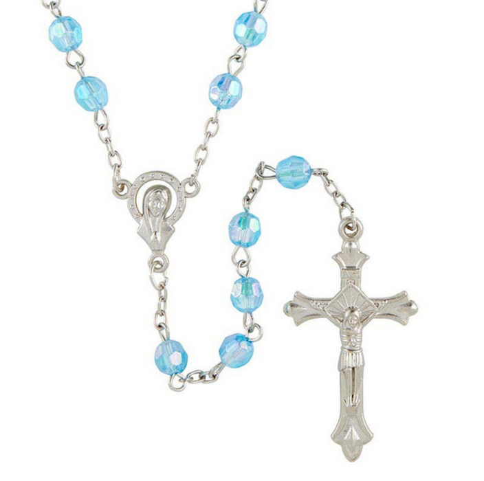 Light Blue Crystal Acrylic Bead Rosary with Madonna Centerpiece - 12 Pieces Per Package