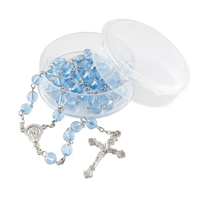 Light Blue Glass Bead Rosary with Madonna Centerpiece - 12 Pieces Per Package