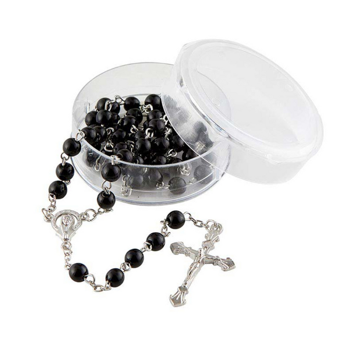 Jet Black Glass Bead Rosary with Madonna Centerpiece - 12 Pieces Per Package