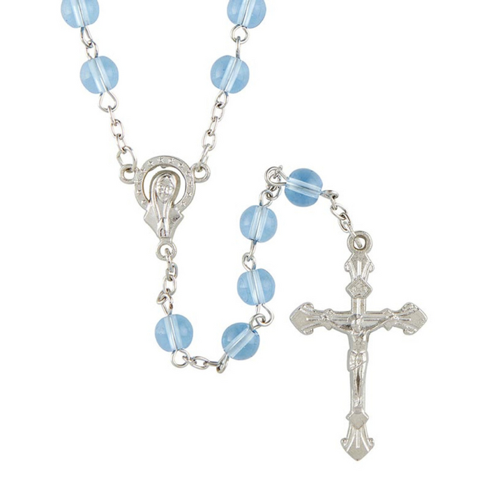 Light Blue Glass Bead Rosary with Madonna Centerpiece - 12 Pieces Per Package