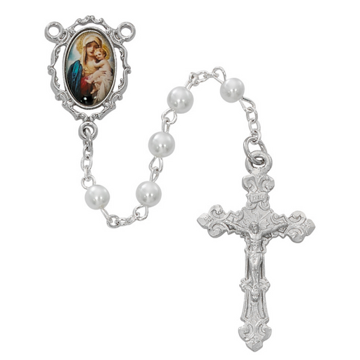 Madnonna and Child Rosary made with pearl coated beads and features a Madonna and Child Center and an accented Crucifix made from rhodium plated pewter a perfect gift to your mother sister parents family and friends during mother's day birthdays or any occasion