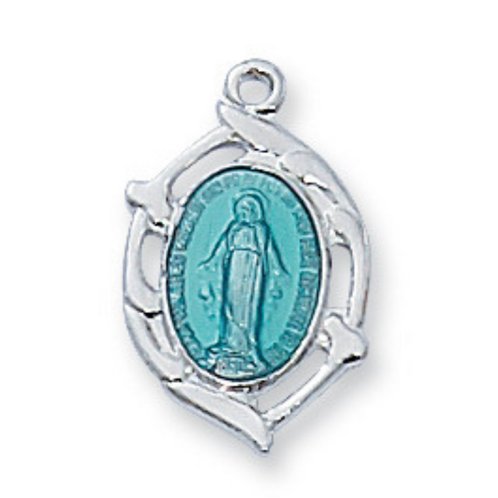 Miraculous Medal Sterling Silver with Blue Enamel and 16" Rhodium Plated Chain