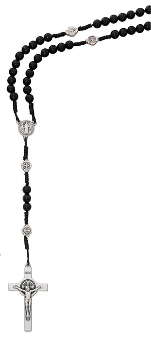 Pewter Crucifix Necklace, Beaded Rosary, And Black Leather Bracelet - St. Benedict Father's Day Gift Set