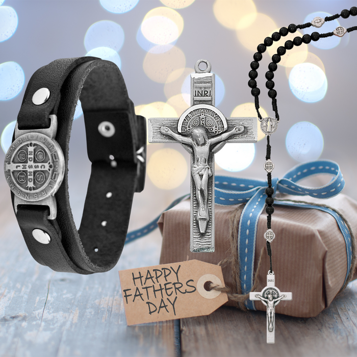 Pewter Crucifix Necklace, Beaded Rosary, And Black Leather Bracelet - St. Benedict Father's Day Gift Set