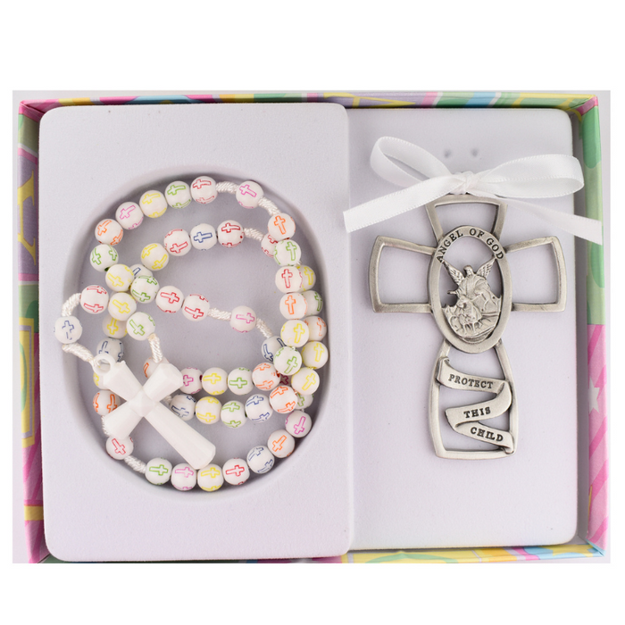 Pewter Guardian Angel Crib Medal with Multi Color Cross Rosary