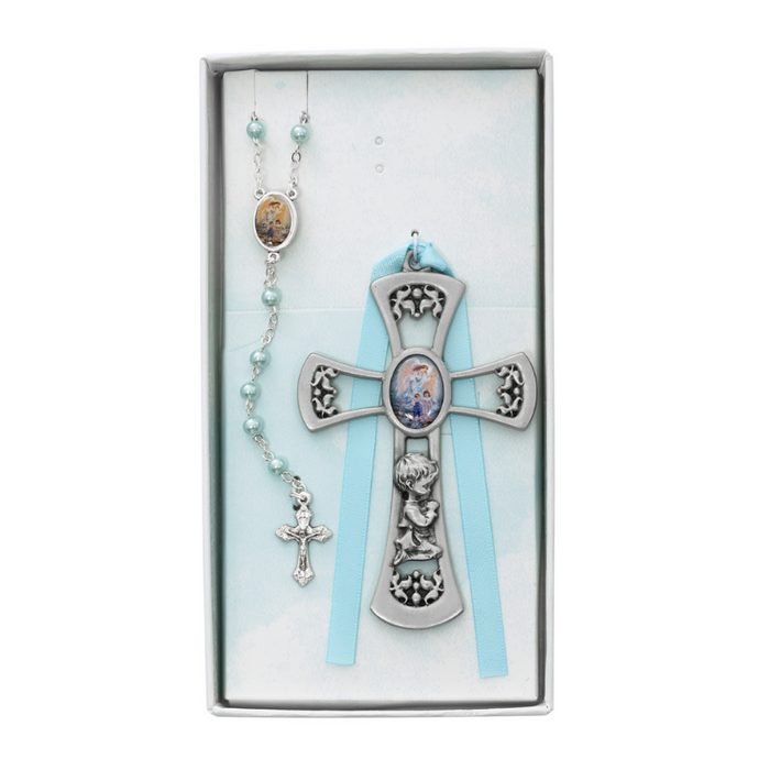 Pewter Guardian Angel Cross and Rosary Set - Boy Pewter Guardian Angel Cross and Rosary Set Baby Keepsakes