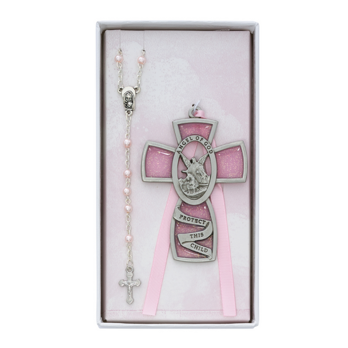 Pewter Pink Guardian Angel Cross and Rosary Set baptismal gift nursery decor baby shower gift ideas