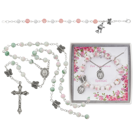 Pink Butterfly Bracelet, Miraculous Bracelet & Necklace And Pink & Green Butterfly Rosary - Girls Youth Gift Set