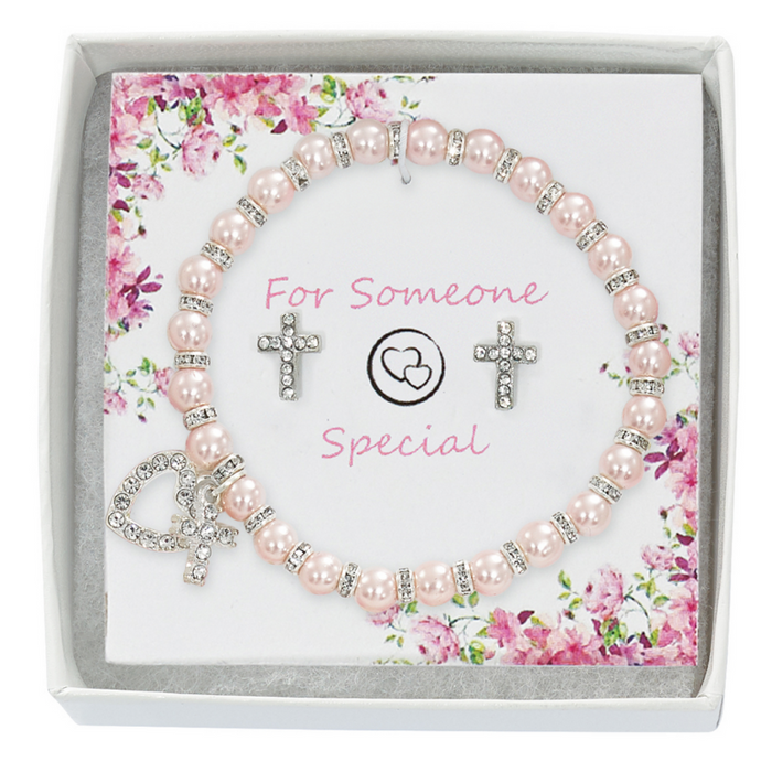 Pink Pearl Bracelet and Crystal Cross Earrings