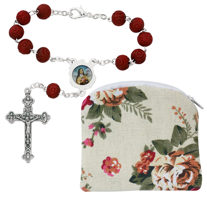 Red Rose Rosary Pouch And St. Therese Auto Rosary - Rose Gift Set