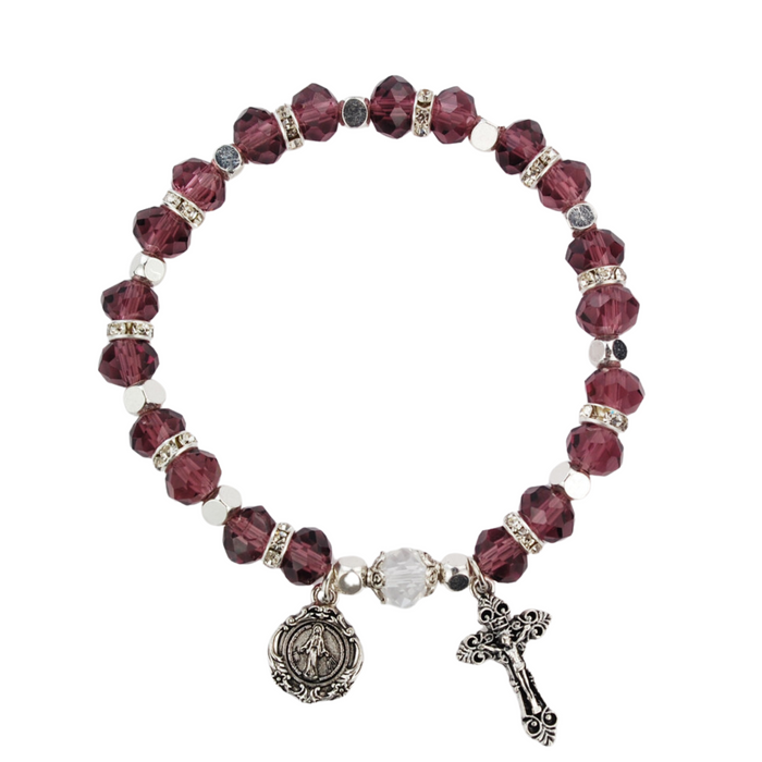 Rhodium Necklace Cross, Auto Rosary, Rosary Bracelet And Rosary - Birthstone Amethyst Gift Set