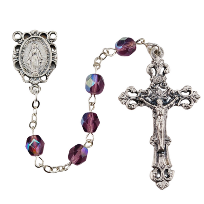 Rhodium Necklace Cross, Auto Rosary, Rosary Bracelet And Rosary - Birthstone Amethyst Gift Set