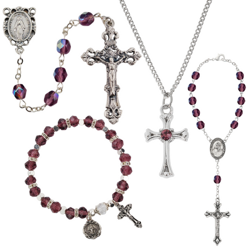 Rhodium Necklace Cross, Auto Rosary, Rosary Bracelet And Rosary - Birthstone Amethyst Gift Set