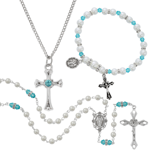 Rhodium Necklace Cross , Rosary Pearl Bracelet And Pearl Rosary - Birthstone Aqua Gift Set