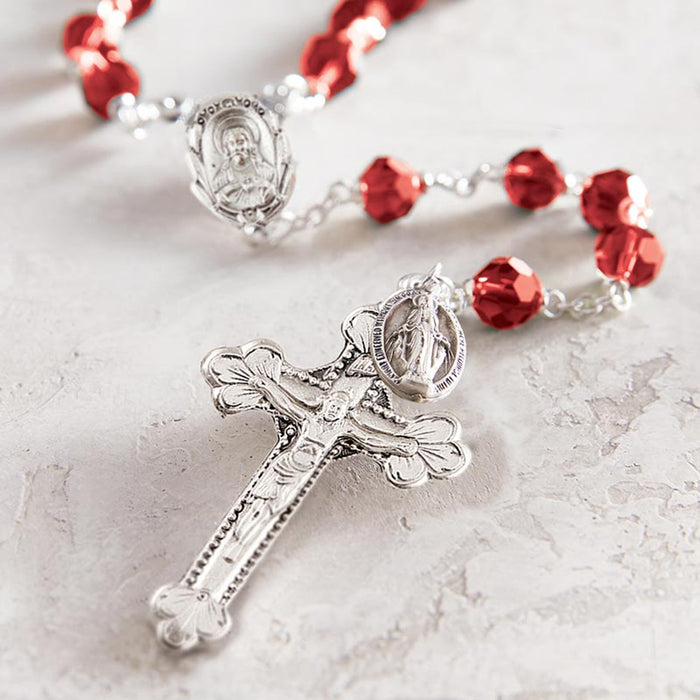 Sacred Heart Prague Ruby Rosary With Miraculous Medal Dangle