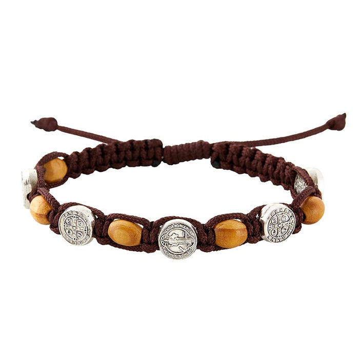 Saint Benedict Adjustable Cord Bracelet with Shambala Wood Bead