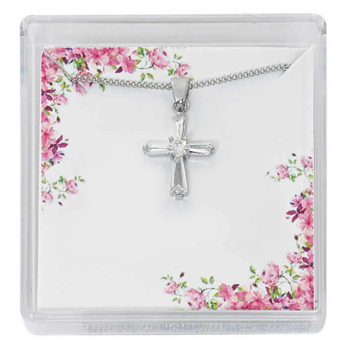 Silver Crystal Cubic Zirconia Cross w/ 16" Chain