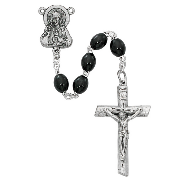 Silver Ox Sacred Heart Rosary with 4x6mm Black Wood Beads