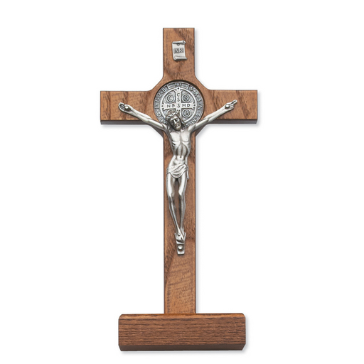 St. Benedict Crucifix in 8" Walnut Stand w/ Gift Box