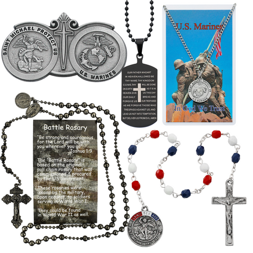 St. Benedict Rosary With Battle Rosary, Lords Prayer Dog Tag, Marines Visor Clip, Marine Medal Prayer Card And Military Chaplet - Military Gift Set