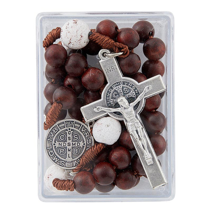 St. Benedict White Lava Bead Monte Cassino Collection Wood Cord Rosary