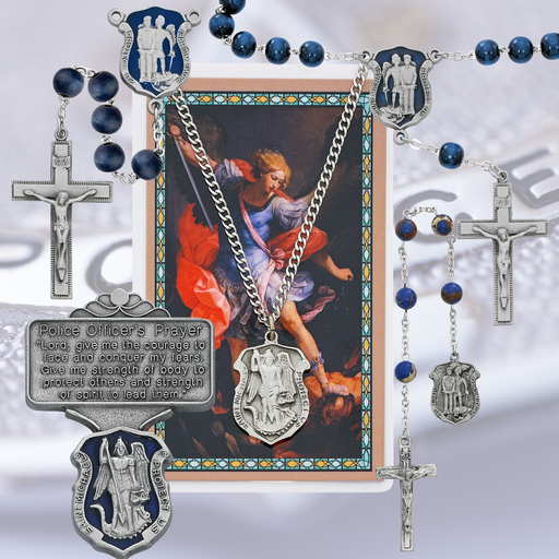 St. Michael Police Gift Set - Auto Rosary, Chaplet, Rosary, Visor Clip And Prayer Card With Holy Medal