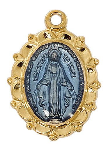 Two Tone Gold over Sterling Silver Blue Enameled Miraculous Medal with 16"-18" Rhodium Plated Chain