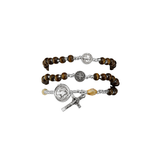 Saint Benedict Twistable Rosary Bracelet - Brown Wood