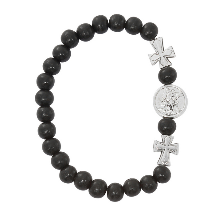 Saint Michael Silver/ Black Wood Stretch Bracelet