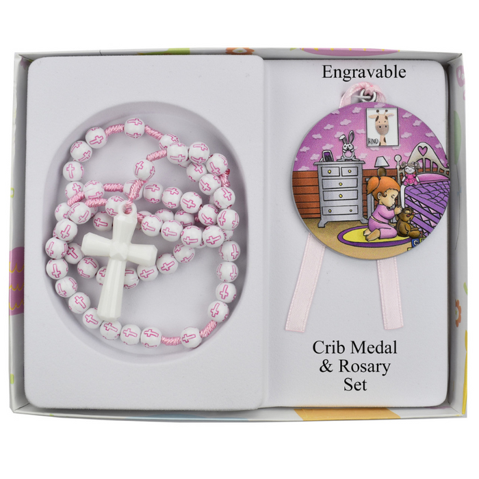 Praying Girl Crib Medal With Pink Cross Rosary