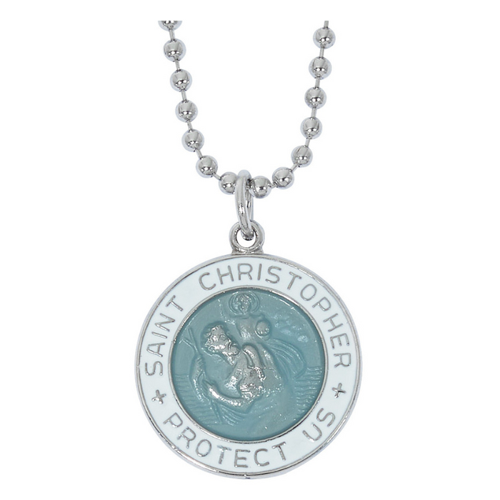 White And Aqua Saint Christopher Medal On Adjustable Ball Chain