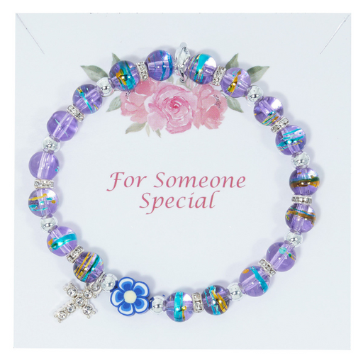 Multi-Color Purple Stretch Bracelet with Crystal Cross