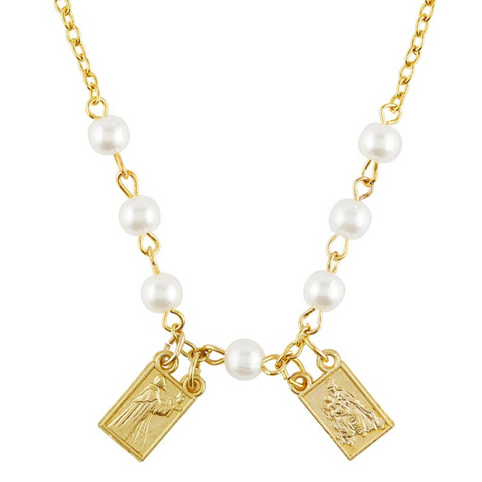 Gold-Plated Scapular Necklace with Imitation Pearl- 6 Pieces Per Package