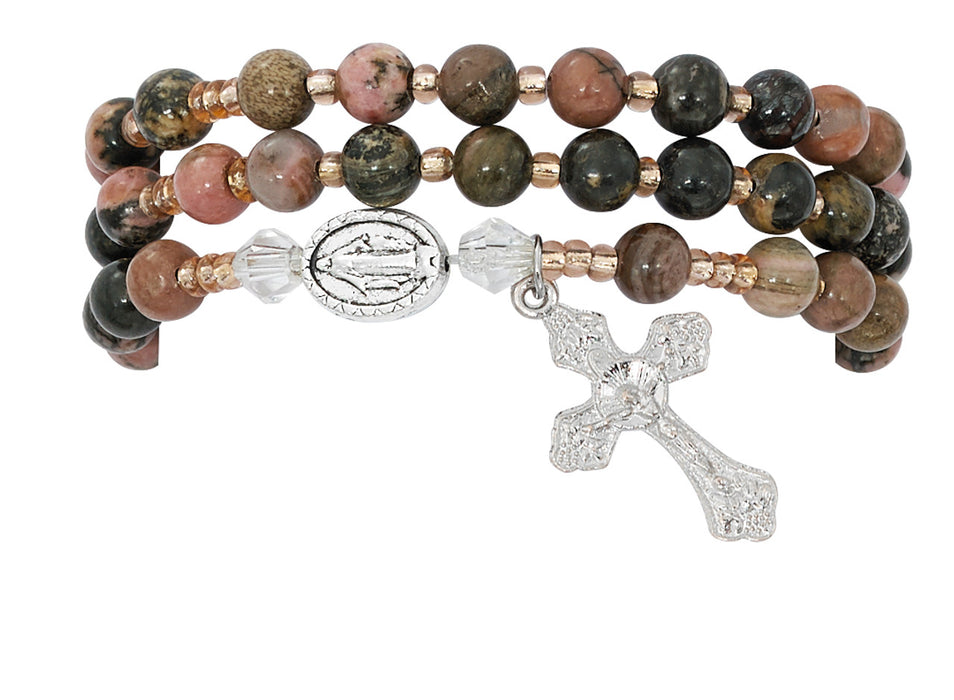 Pulsera envolvente de rosario completo giratorio con piedras preciosas de rodonita