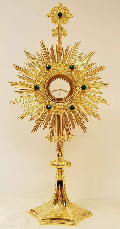 Gold Plated Monstrance with Glass Enclosed Luna - Green Stones